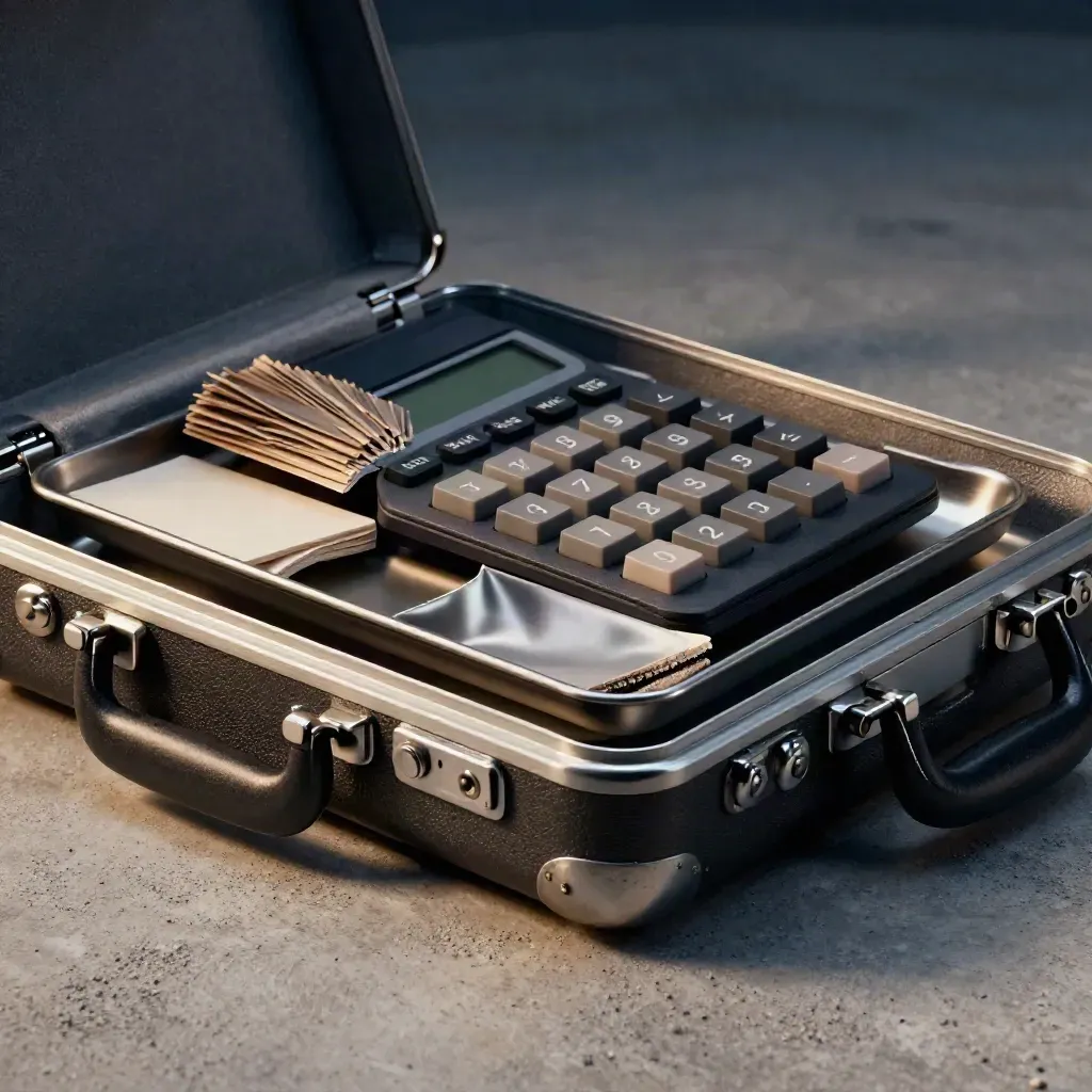 Half-open procurement cost scan briefcase with sample chips on concrete, soft navy glow.