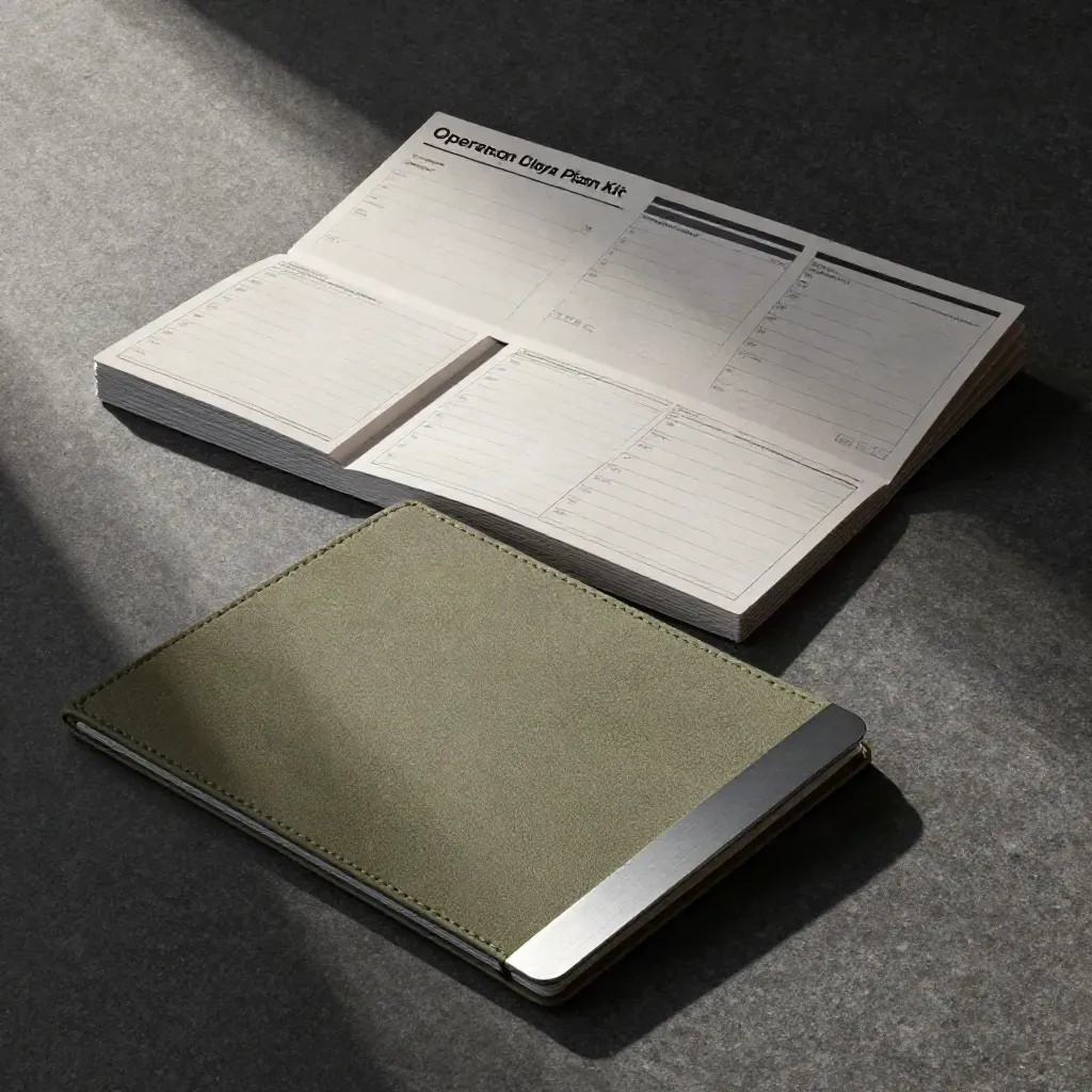 Top-down operations plan kit with cards, foldout board and canvas folio on dark stone.