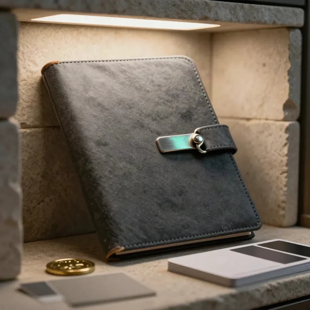 Charcoal dossier with brass clasp, swatches and token leaning against stone blocks