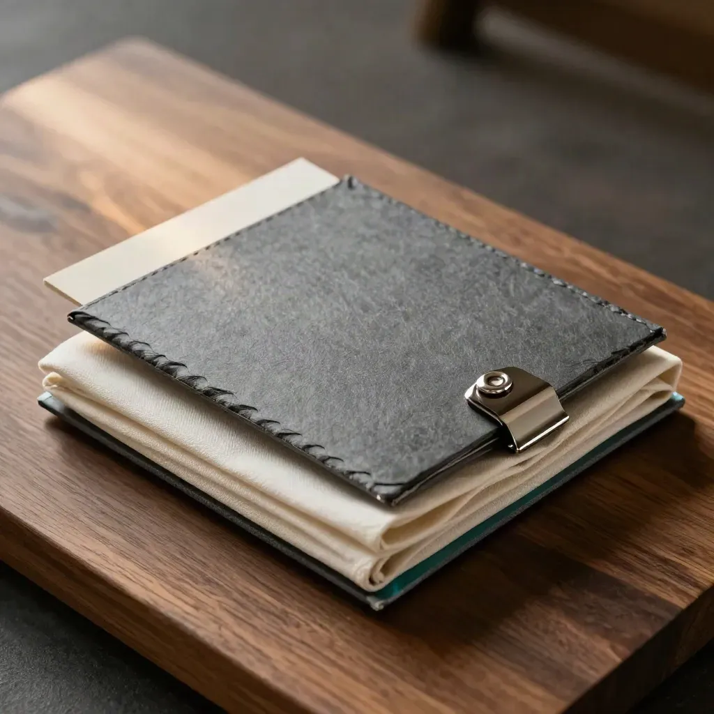 Macro of a sealed import packet in a matte sleeve with clip and calico on warm wood.