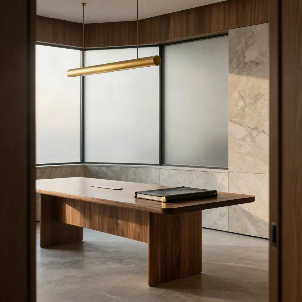 Walnut boardroom corner, frosted glass, brass fixture, soft dawn light, calm floor and table plane.