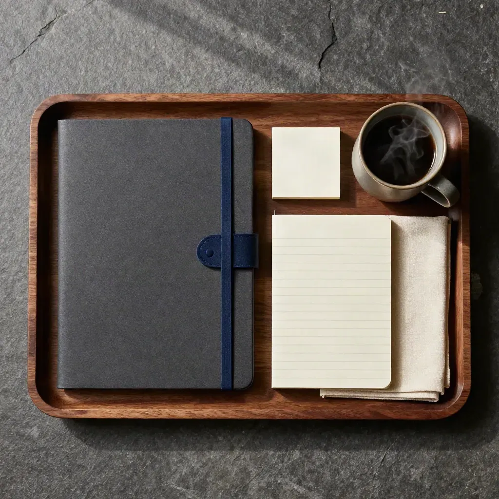 Overhead team-session kit with folio, note pads, steaming cup, and napkin on a wooden tray.
