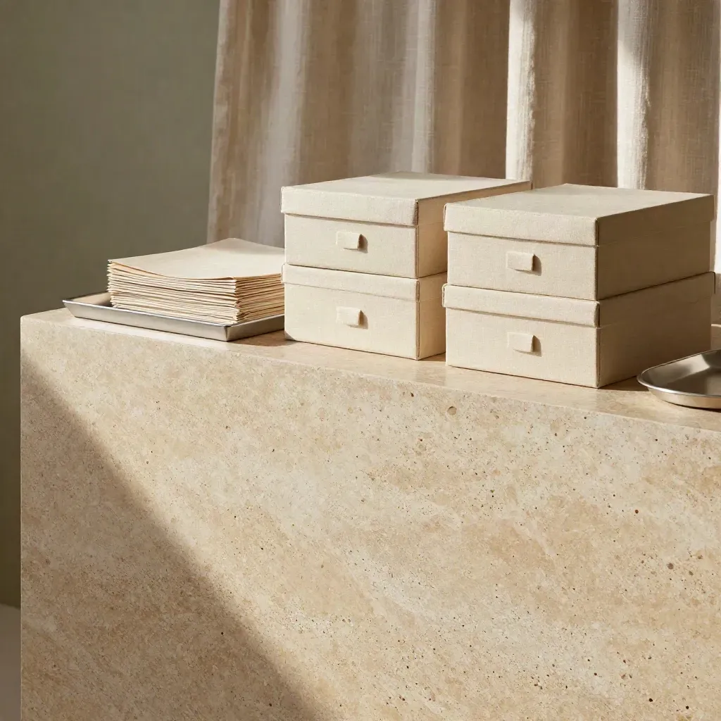 Travertine console with cream archival boxes, linen curtains, and calm copy space.